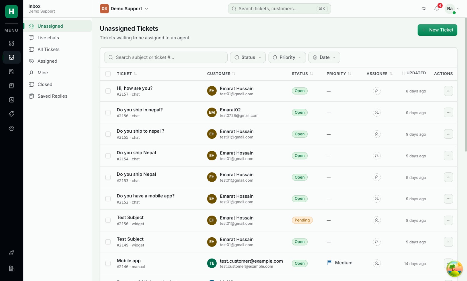 The HelpXon shared inbox with open tickets
